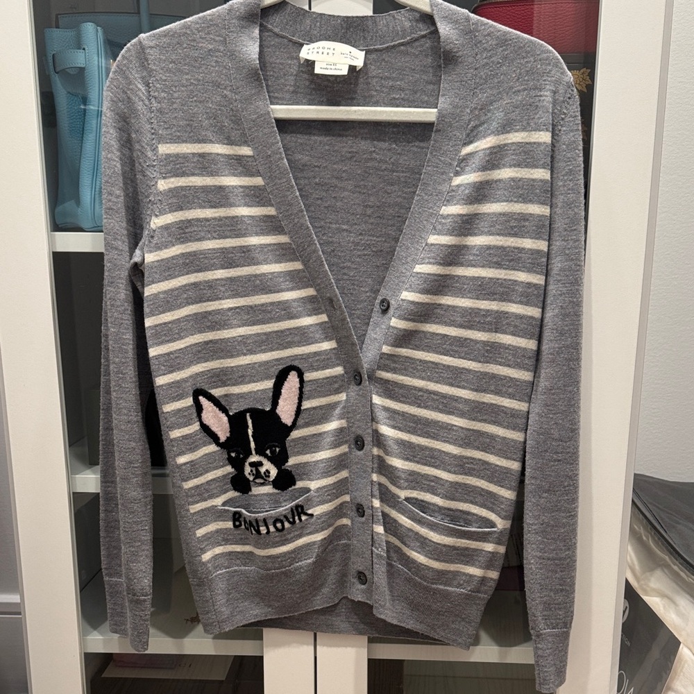 kate spade Gray Striped Cardigan with Dog Design